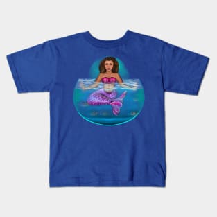 Mermaid pose underwater Cute  mermaid siting cross legged, brown eyes, Curly hair  and caramel brown skin - light background Kids T-Shirt